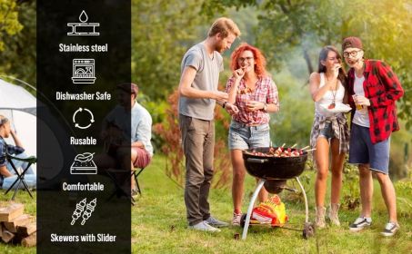 Skewers for Grilling - 17" Stainless Steel Flat Blade with Push Slider | Reusable & Dishwasher Safe | BBQ Skewers and Shish Kabob | Set of 8